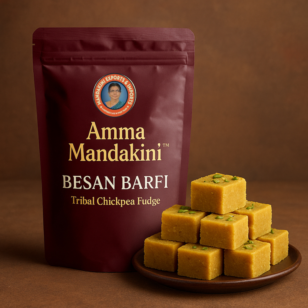 Exported By Amma Mandakini: Central India Besan Barfi (Tribal Chickpea Fudge) – Made Using Forest Ghee and Roasted Chickpea Flour. Melts in Your Mouth with Each Bite.
