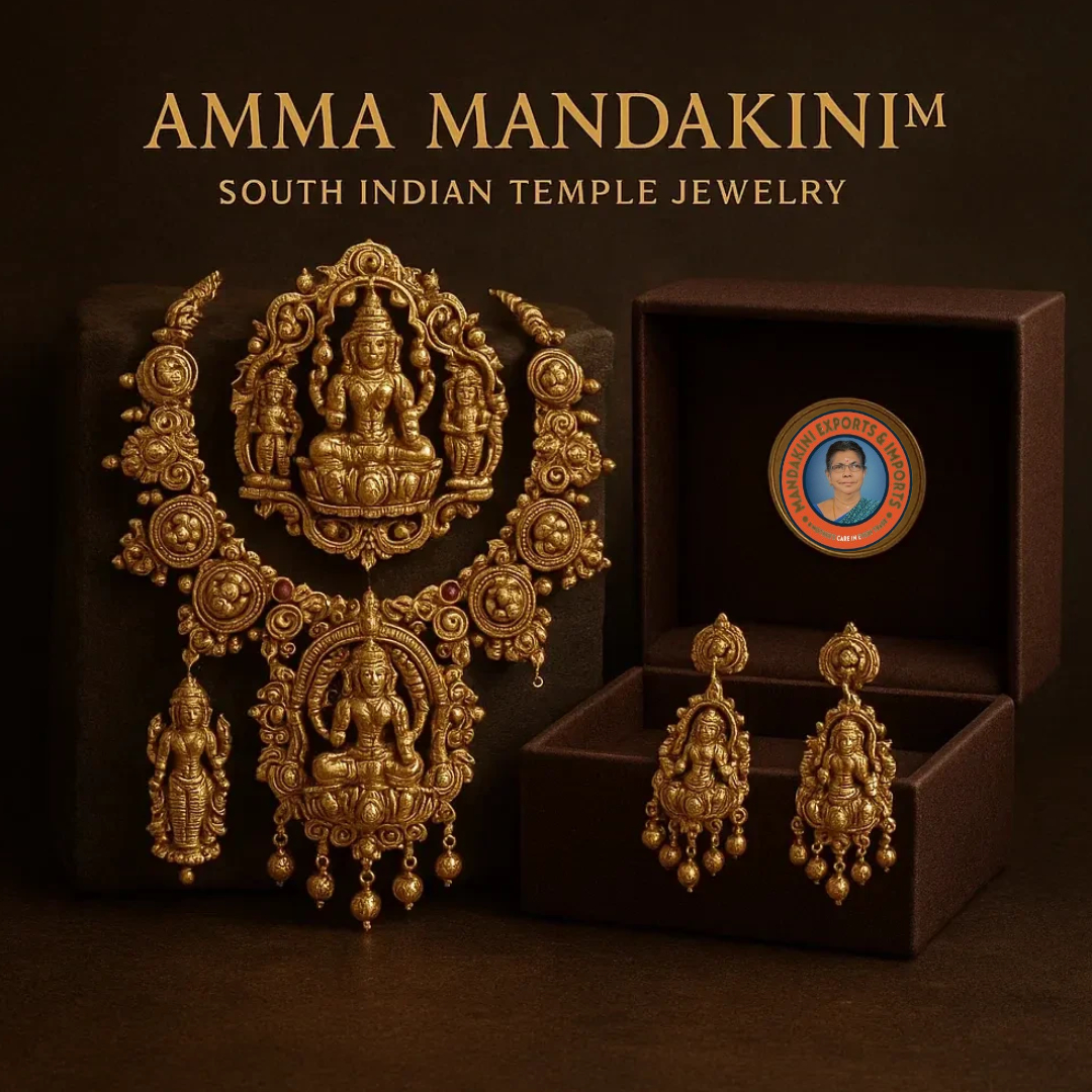 Exported By Amma Mandakini Kerala’s South Indian Temple Jewelry – Intricate gold-finish jewelry inspired by temple idols and sculptures